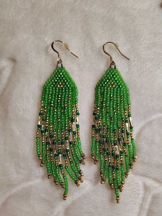 Handmade Jewelry - Green Beaded Fringe Earrings with Gold Accents